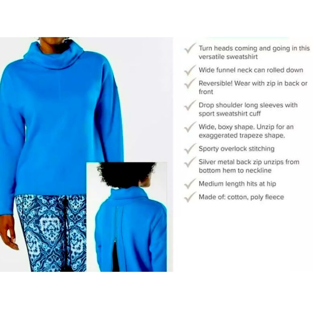 Ruby Ribbon Sport Blue Zip Back Funnel Cowl Neck Sweatshirt Size XL